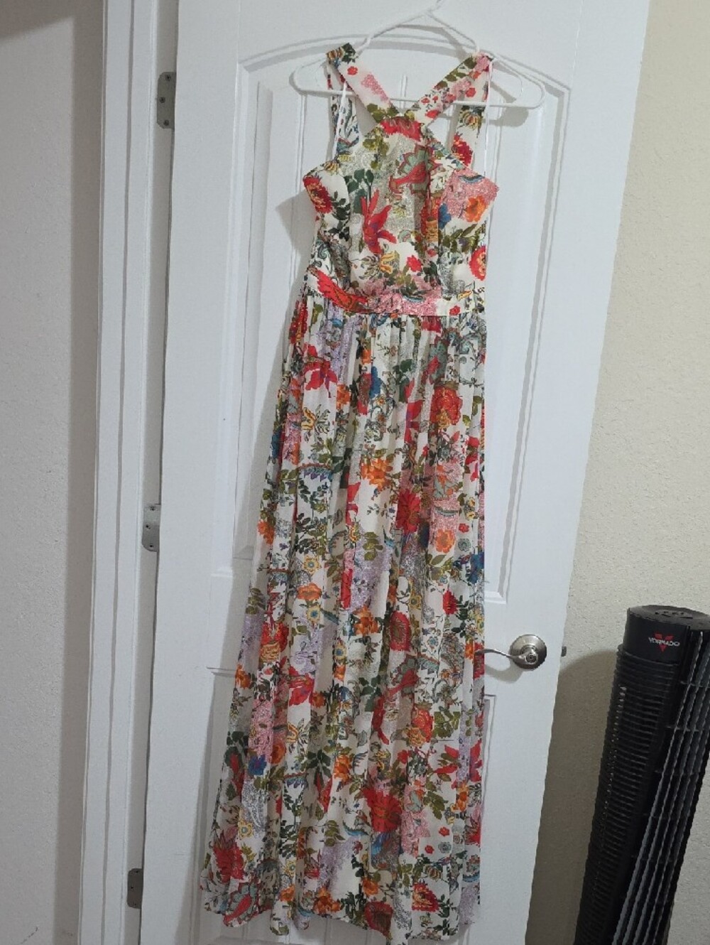 Lulu's Cream Halter Maxi Dress with Red & Green Floral Print - Picture 4 of 5